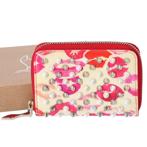 Christian Louboutin Spiked Coin Case Light Yellow Red Multi Patent Leather - Picture 1 of 5